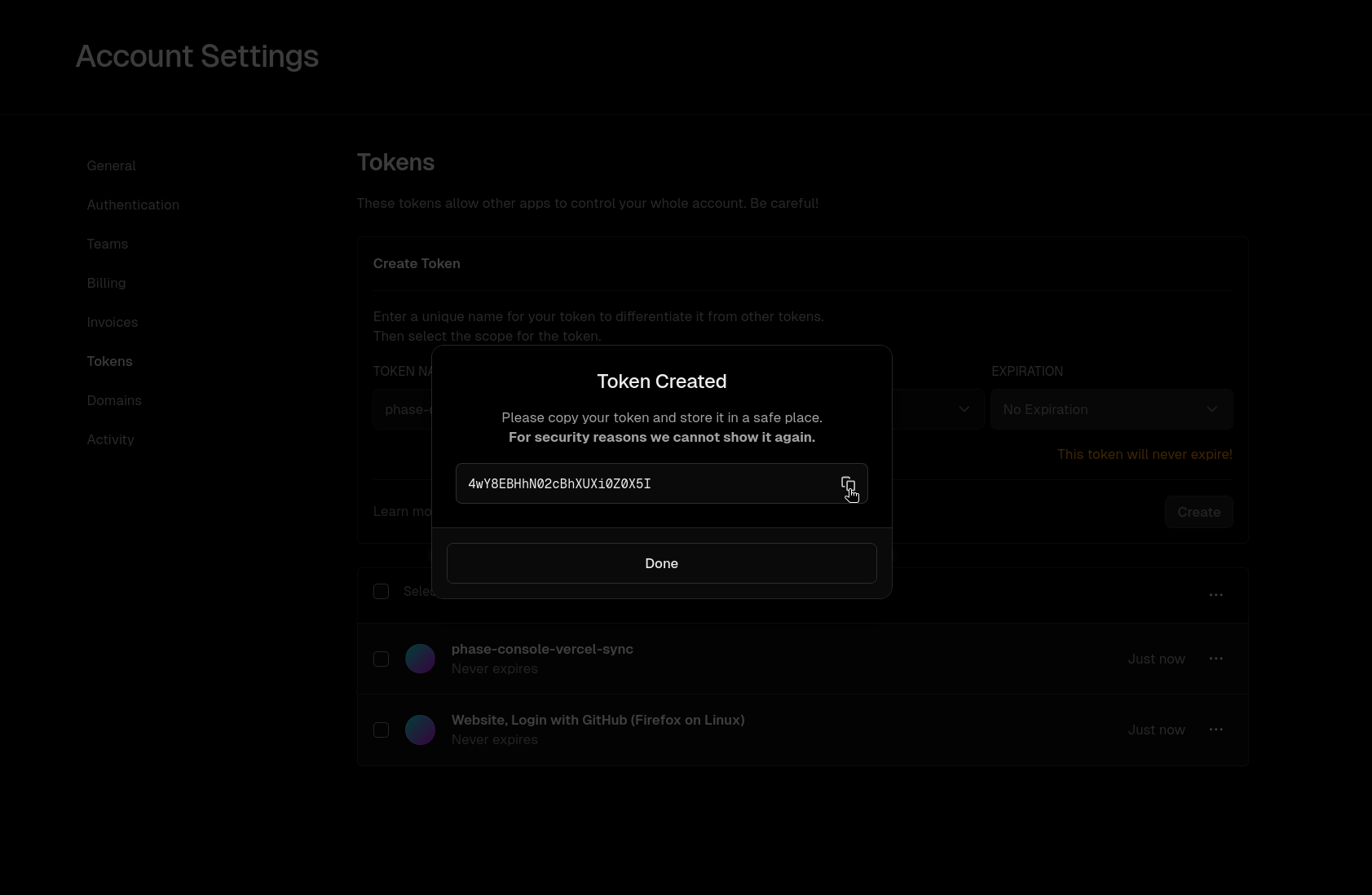 Vercel dashboard account settings token copy
